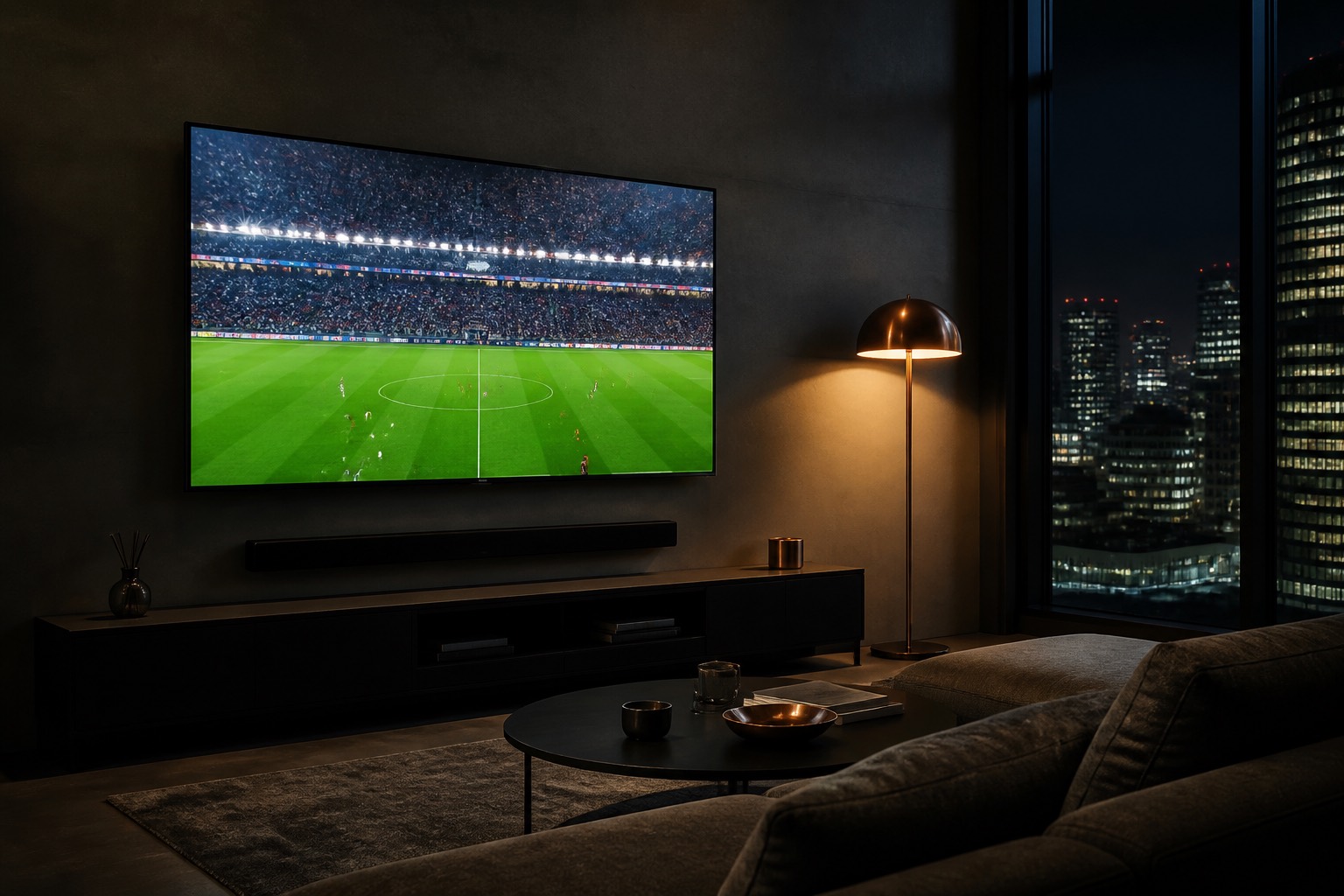 Salon contemporain, match en direct sur un téléviseur mural.